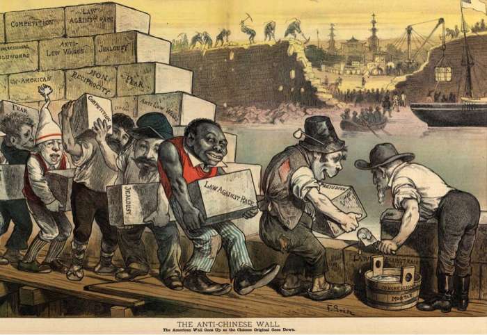 “The anti-Chinese wall —The American wall goes up as the Chinese original goes down.”  By Friedrich Graetz, for Puck magazine, 29 March 1882. Accessed online at http://nomoreexclusion.org/wp-content/uploads/2017/04/the-anti-chinese-wall.png on 13 Se