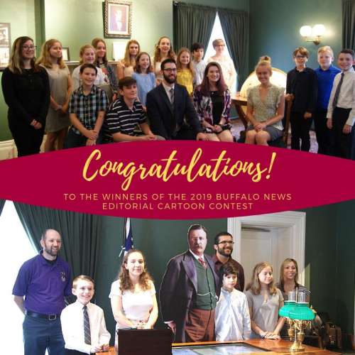 Top: All of the cartoon contest winners.  Bottom: Winners of the Informed Citizen Award, pictured with their teachers.