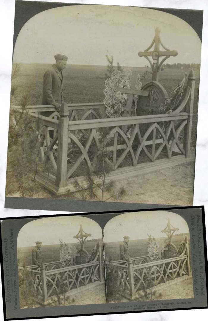 Stereoview image of a soldier looking at a grave site. Caption (from original): "Grave of Lieut. Quentin Roosevelt. Buried by Germans where he Fell."